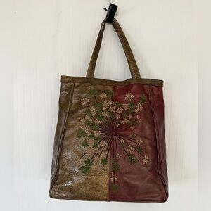 R&Y Augousti Leather Tote Floral Appliqué Embroidered  Large Boho Shoulder Bag